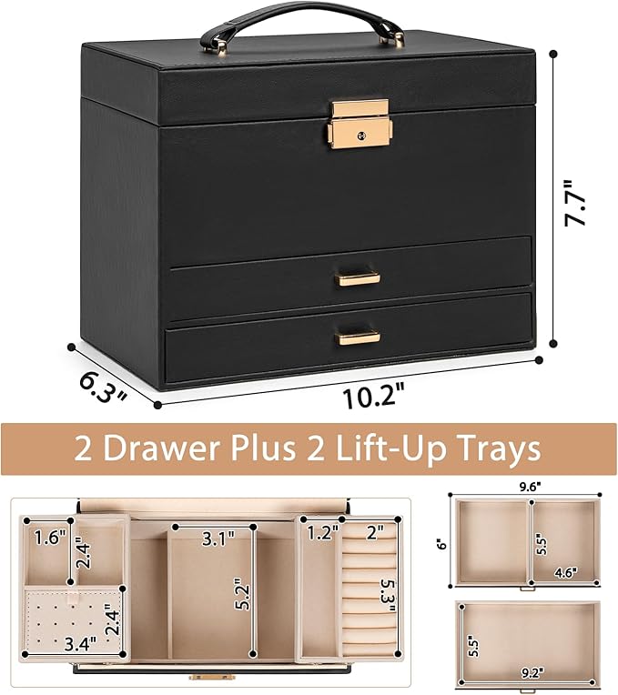 AKOZLIN Travel Jewelry Box Organizer Functional 2-trays Leather Jewelry Storage Case with Lockable Portable 2 Drawers for Women Girls Ring Necklace Earring Bracelet