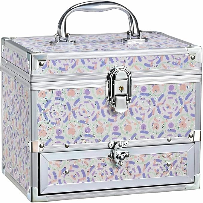 Hododou Girls Jewelry Box Organizer with Drawer & Mirror, Shiny Pink Style Lockable Storage Case for Kid or Little Girls Jewelry and Hair Accessories Lilac