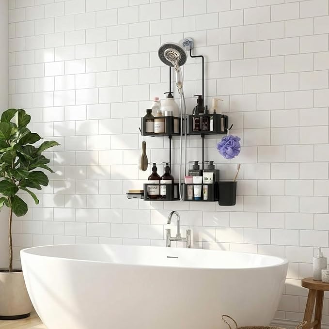 Epicano Hanging Shower Caddy for Handheld Showerheads, Anti-Swing Overhead ShowerCaddy with Removable Hooks & Holders for Razor, Sponge, Soap & Toothbrush, Stainless Steel, Black
