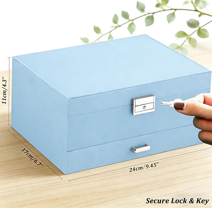 QBestry 3-Layer Jewelry Box for Girls & Teens with Lock and Key, Large Jewelry Organizer with 8 Necklace Hooks & 56 Earring Holes, Blue Velvet Jewelry Storage Box for Necklaces Earrings Rings Bracelet
