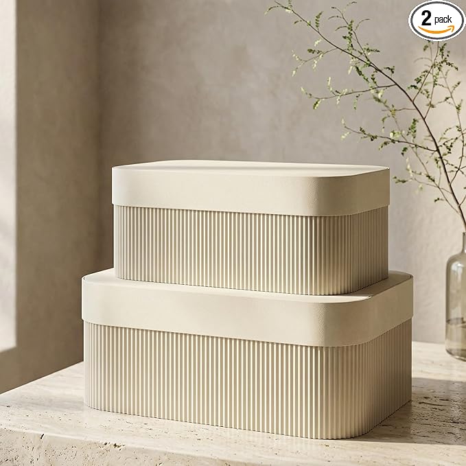 Decorative Storage Boxes with Lids – Set of 2 Beautiful Fluted Cardboard Organizer Bins for Your Home Bookshelf Decor to Safely Store Your Documents, Memory Box Items and Other Keepsakes in Style