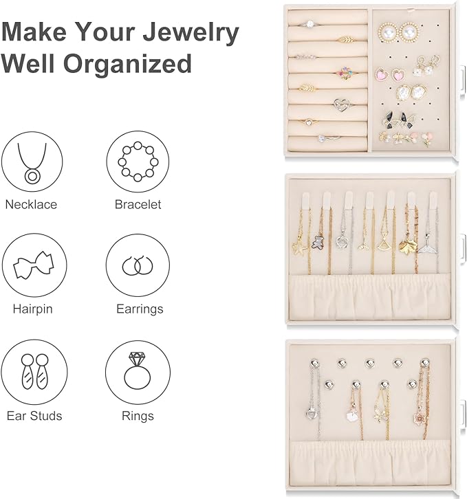 DesignSter Jewelry Box Organizer, Jewelry Box for Women, PU Jewelry Organizer Display Case with Side Drawers, Jewelry Storage for Earring Necklace Ring Bracelet Watch