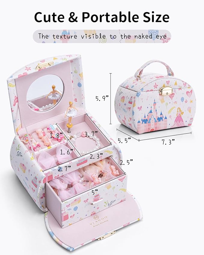 VLANDO Musical Jewelry Box for Girls Kids with Drawer, Music Box with Ballerina and Stickers for Birthday Bedroom Decor, Fantasy Princess