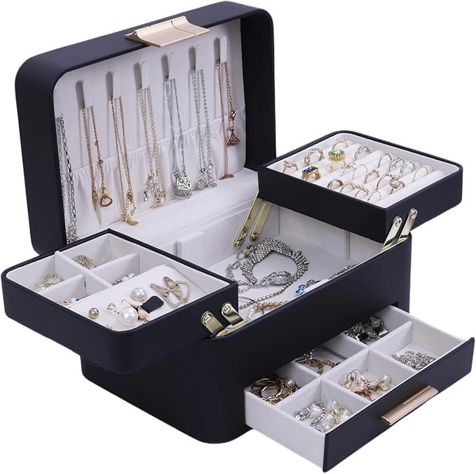 KAMIER Jewelry Box, Jewelry Organizer with Drawers, 3 Layers Jewelry Storage Organizer for Earring, Ring, Necklace, Bracelets, Gift for Women, Girls, Men, Black