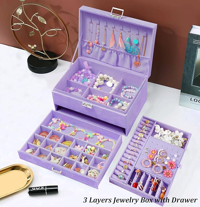 QBestry 3-Layer Jewelry Box for Girls & Teens with Lock and Key, Large Jewelry Organizer with 8 Necklace Hooks & 56 Earring Holes, Violet Velvet Jewelry Storage Box for Necklace Earring Ring Bracelet
