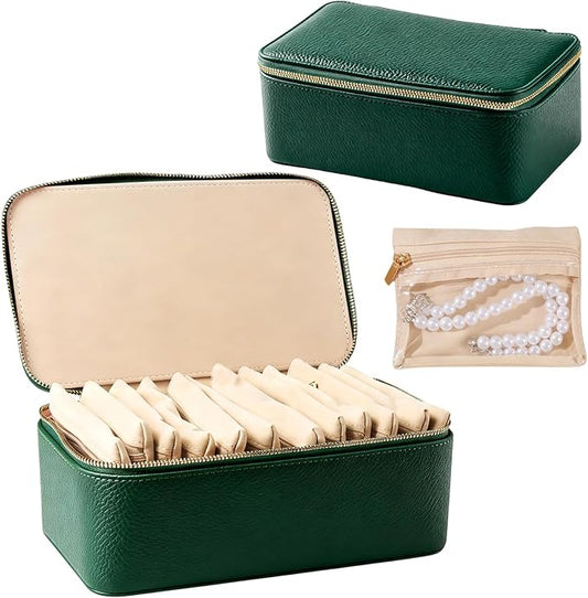 Travel Jewelry Organizer, Travel Jewelry Box with 12 Velvet Zipped Pouches Bags for Jewelries Necklaces Rings Earrings Sorting Storage for Women Girl Gifts, Mint Green