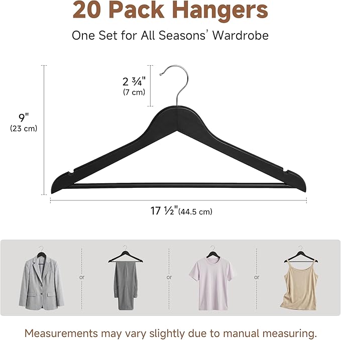 StorageWorks Black Wooden Hangers 20 Pack, Heavy Duty Wood Hangers for Closet, Clothes Hangers for Coats, Shirts, Pants, Suits