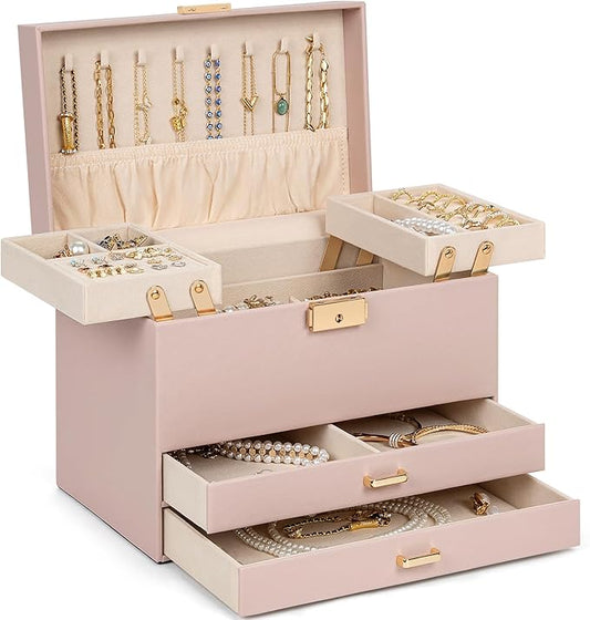 AKOZLIN Travel Jewelry Box Organizer Functional 2-trays Leather Jewelry Storage Case with Lockable Portable 2 Drawers for Women Girls Ring Necklace Earring Bracelet