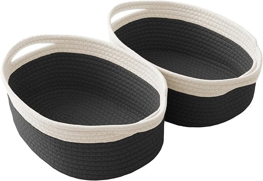 JMvicyroam Woven Basket, Small Rope Storage Bin with Handles & Ribbon Bag, Organizer for Shelves Closets,Gift Basket Empty for Birthday,Books,Dog Toys,White&Black/2 Pack