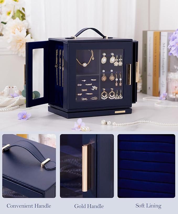 Homde Mothers Day Gifts Jewelry Box for Women Large: Rotating Organizer for Ring Earring Necklace Bracelet - 7 Drawers Storage for Dresser (Dark Blue)