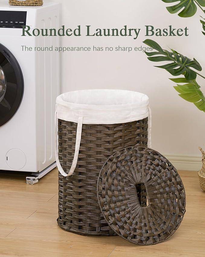 SETVSON Laundry Hamper with Lid, 19.0 Gal (72 L) Round Wicker Laundry Basket, Handwoven Rattan Basket with Lid, Removable Bag, 2 Mesh Bags, Handles for Living Room, Bathroom, Brown