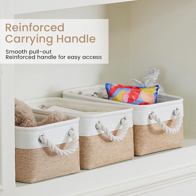 Storage Baskets for Shelves 11.8x7.9x5.2 Inch, Foldable Fabric Storage Bins with Handles, Small Storage Baskets for Organizing Closet, Office, Home Organization (1-Pack, White&Khaki)