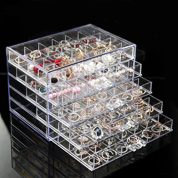 YUFONG Earring Storage Box Organizer, Acrylic Jewelry Storage Box Holder 5 Drawers Transparent Jewelry Display Stand with 120 Small Compartments Gift Boxes for Women Girls (Clear)