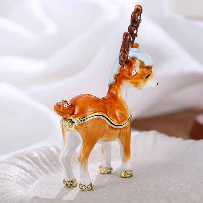 Hand Painted Animal Trinket Box for Home Decor, Hinged Jewelry Organizer Storage, Unique Personalized Collectible Keepsake Figurine Handmade Decorative Ornament Gifts (Sika Deer)