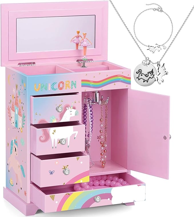 Large Jewelry Box for Girls 5-Layer Music Box with Spinning Ballerina Unicorn Necklace & Bracelet Set Kids Jewelry Organizer Birthday Christmas Gift for 5-8 Year Old Girls(Pink&Blue)