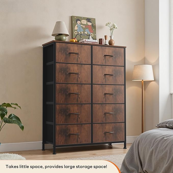 Sweetcrispy 10 Drawer Dresser, Tall Fabric Dresser for Bedroom, Storage Tower with Bins Chest Organizer Unit for Closet, Hallway, Steel Frame Wood Top, Easy Pull Handle, Rustic Brown
