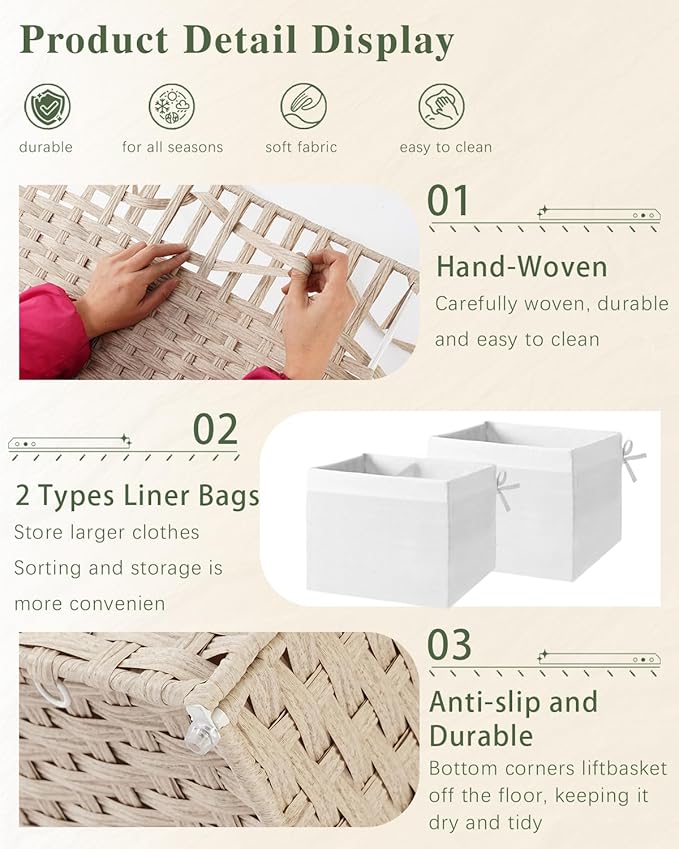 SETVSON Storage Basket with Lid Rattan Woven Storage Baskets with 2 Separate Lids, 17.2 Gallon (65 L) Wicker Storage Bins Foldable 2 Removable Liner Bags Handles for Bedroom, Laundry Room Light Khaki