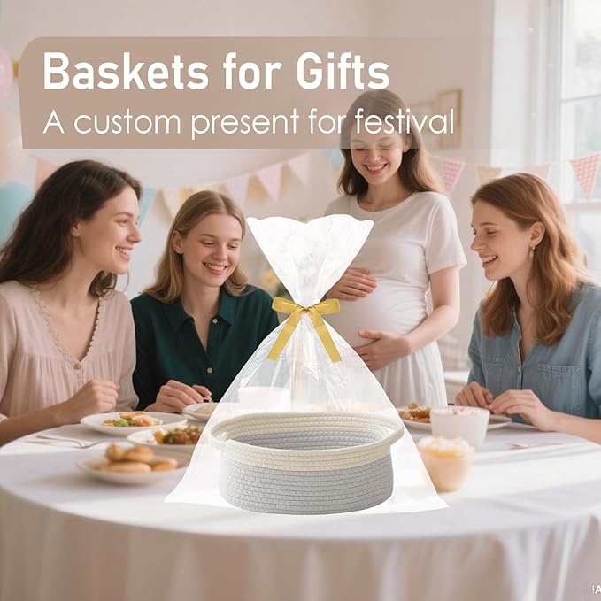 JMvicyroam Woven Basket,Small Rope Storage Bin with Handles & Ribbon Bag, Organizer for Shelves Closets,Gift Basket Empty for Birthday,Books,Dog Toys, White&Grey