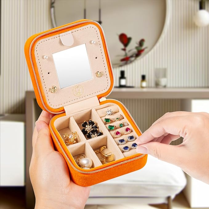 TRODANCE Plush Velvet Travel Jewelry Case Organizer, Small Travel Jewelry Box,Portable Jewelry Box Travel Mini Organizer Portable Display Storage Box For Rings Earrings Necklaces (4 Color 4 Packs)