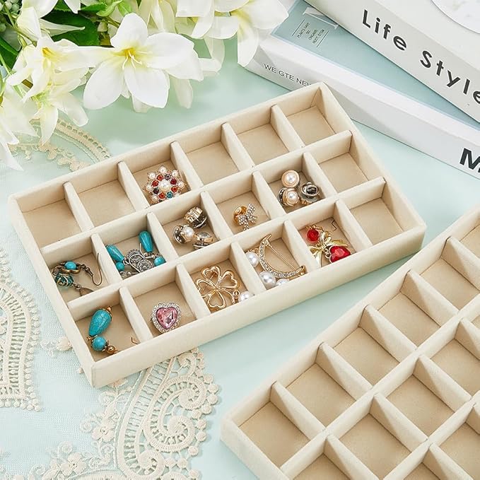 2Pcs 5 x 8.3 Inch Jewelry Box Tray Velvet Jewelry Drawer Insert Antique White 18 Grids Divided Stackable Necklace Storage Container Dresser Drawer Case for Earring Rings Display Showcase