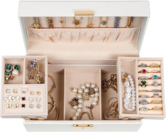 AKOZLIN Travel Jewelry Box Organizer Functional 2-trays Leather Jewelry Storage Case with Lockable Portable for Women Girls Ring Necklace Earring Bracelet