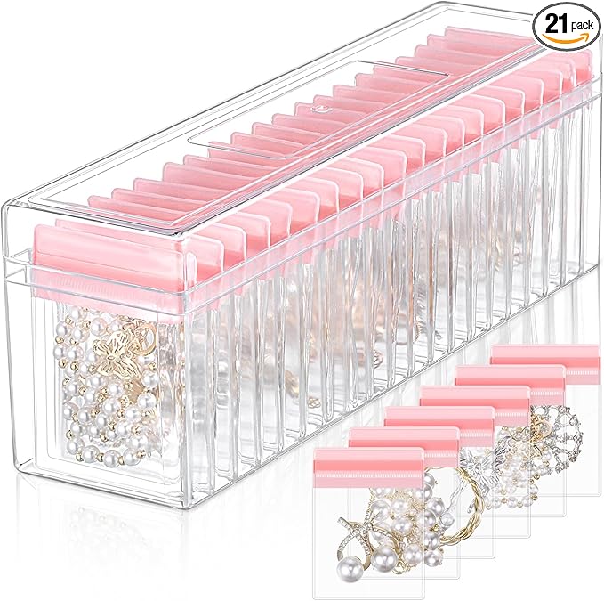 Kenning 21 Pcs Acrylic Jewelry Case Organizer, Clear Jewelry Organizers Holder with Portable Anti Tarnish Storage Bags for Rings, Earrings, Necklaces, Ideal Gifts for Women (Pink)