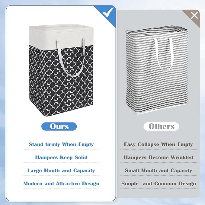 BlissTotes 3-Pack Laundry Basket, Freestanding＆Waterproof Laundry Hamper, Collapsible Tall Clothes Hamper with Easy Carry Handles for Clothes, Towels in the Family and Dorm,Clover Black,88L