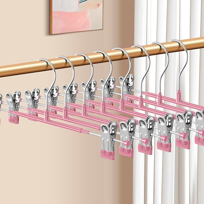 Pants Hangers with Clips 20 Pack Adjustable Skirt Hangers for Women Non-Slip Trousers Hanger for Jeans Clothes Hangers for Pants Heavy Duty Space Saving Shorts Hangers,Pink,14Inch