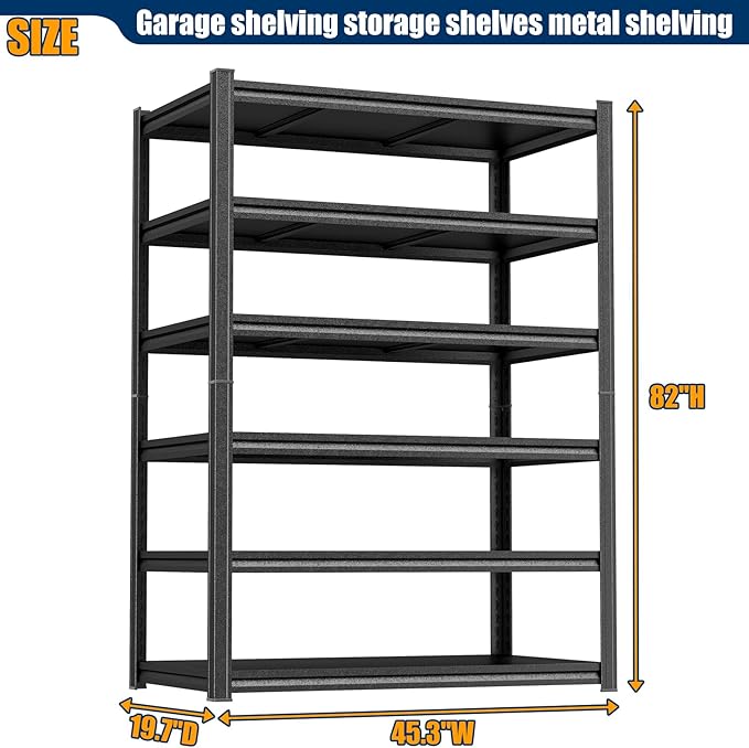 82"H-45"W Storage Shelves heavy duty 3000LBS Garage Shelving Unit 6 tier meta1 shelf adjustable storage rack for Basement, Warehouse, Pantry, Closet, Kitchen 82" H x 45.3" W x 19.7" D, Black