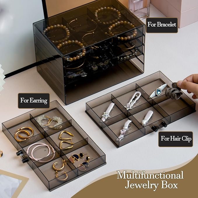 SPAKOWN Earring Organizer, Acrylic Earring Box Large 30 Compartments Jewelry Holder Organizer with 5 Drawers Stackable Earring Bracelet Storage Case Jewelry Boxes for Women (Black)