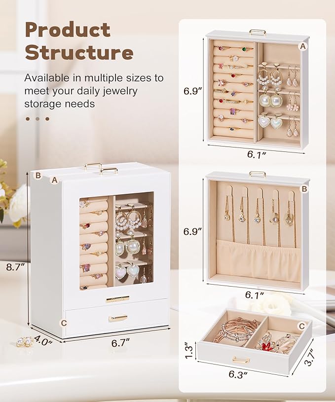 Mothers Day Gifts Homde Jewelry Organizer Girls Women Jewelry Box for Necklaces Rings Earrings Gift Bracelets Storage Case (White + Gold)