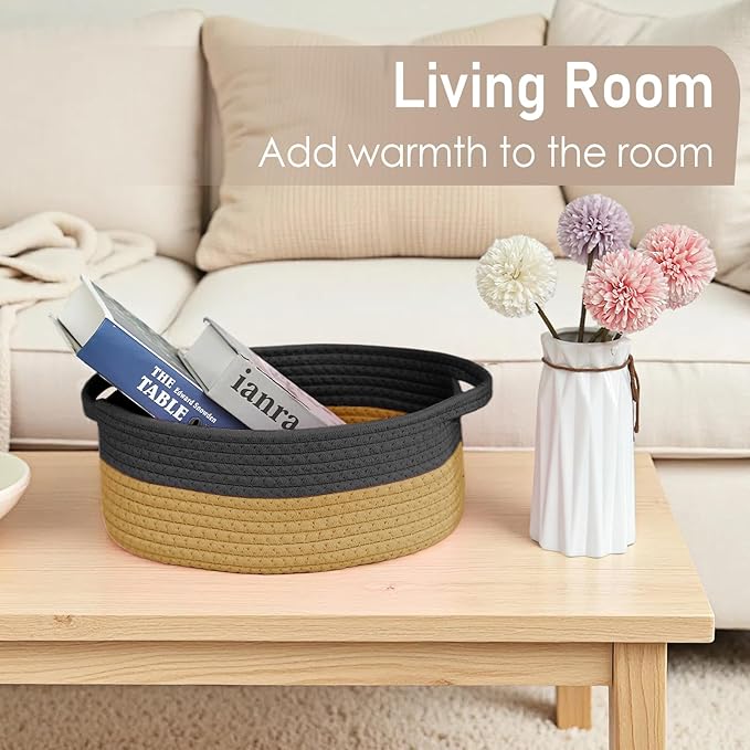 JMvicyroam Woven Basket,Small Rope Storage Bin with Handles & Ribbon Bag, Organizer for Shelves Closets,Gift Basket Empty for Birthday,Books,Dog Toys, Black&Jute/3 Pack