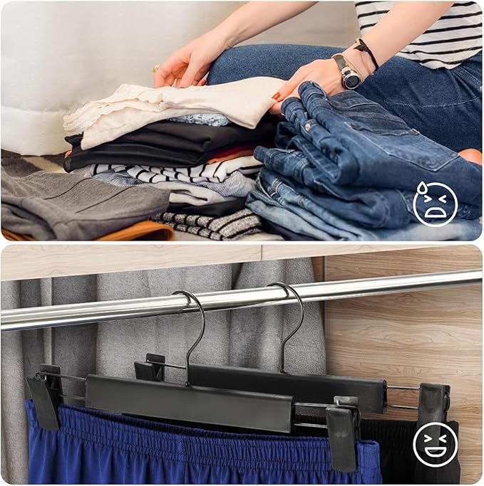 GUANJUNE Clothes Pants Hangers, Space-Saving Skirt Holders with 360 ° Swivel Hooks, Adjustable Clips, Trouser Hangers, Clothes Coat Garment Jeans Hangers (20 Pack, Black)