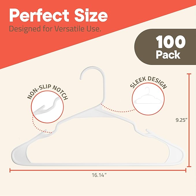White Plastic Hangers 100 Pack– Heavy-Duty Plastic Hangers Slim and Space-Saving, Durable and Lightweight PP with Non-Slip Shoulder Notches for Slip Dresses, Suits, Jackets & Camisoles