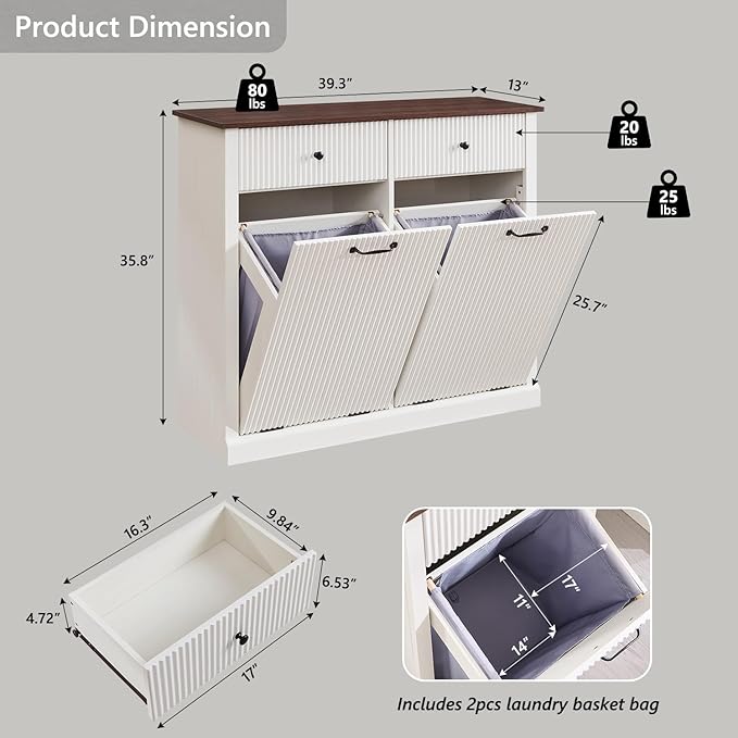 IFBUY Modern Double Tilt-Out Laundry Hamper Cabinet, 20 Gallon Fluted Trash Can Cabinet w/2 Drawers, Wooden Hidden Garbage Can Cabinets with Laundry Basket, for Bathroom and Kitchen, Antique White