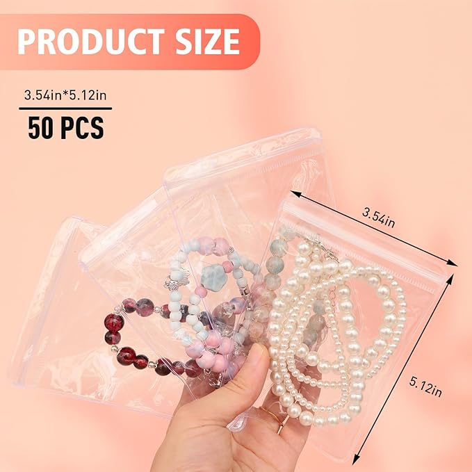 17Dec 50 Large Plastic Jewelry Bags with Zipper, Clear Anti Tarnish Jewelry Bags for Small Business