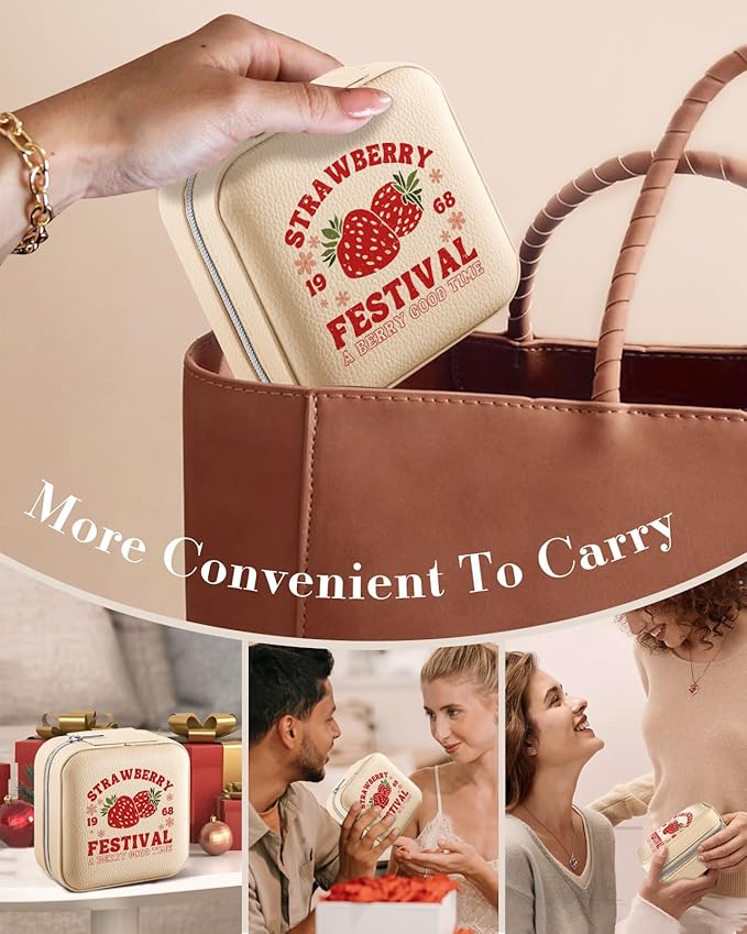 Bistup Travel Jewelry Case - Small Jewelry Organizers and Storage Box for Women Girls Teens Cute Traveling Jewelry Holder with Mirror Little Tiny Compact Strawberry Modern Unique Aesthetic Pretty
