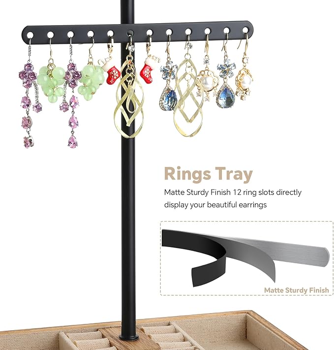 Meangood Jewelry Organizer Stand, 3-Tier Necklace Holder Jewelry Tree with Wooden Storage Drawer Box for Necklace Bracelet Earring Ring, Carbonized Black