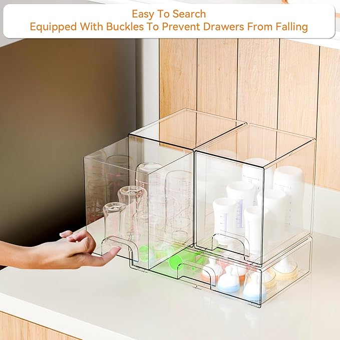 Yieach 3 Set Clear Baby Bottle Organizer for Countertop,BPA FREE Bottle Station Organizer for Breast Pump Parts,Pacifier and Baby Accessories,Stackable Drawers for Bathroom,Cabinet,Pantry Organization