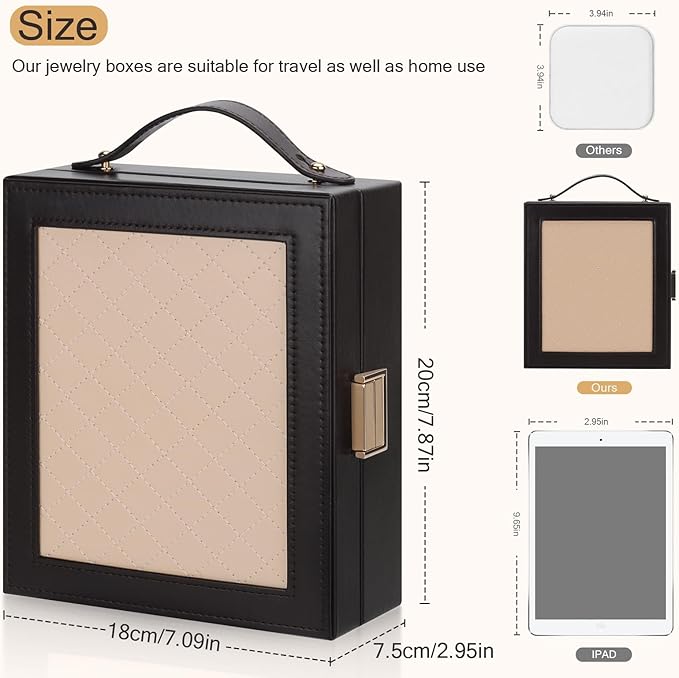 DesignSter Travel Jewelry Case for Woman, Portable Jewelry Travel Box with Mirror, PU Leather Small Jewelry Organizer with Handle for Rings Earrings Bracelets Necklaces(Black Brown & Apricot)