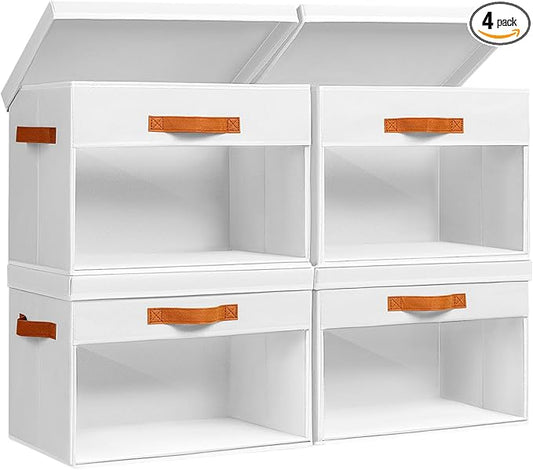 Homsorout Large Storage Bins with Lids - 4 Pack Foldable Decorative Organizers with Clear Windows & Handles, Cube Storage Organizers for Clothes, Blankets, Sweaters, Sheets, White