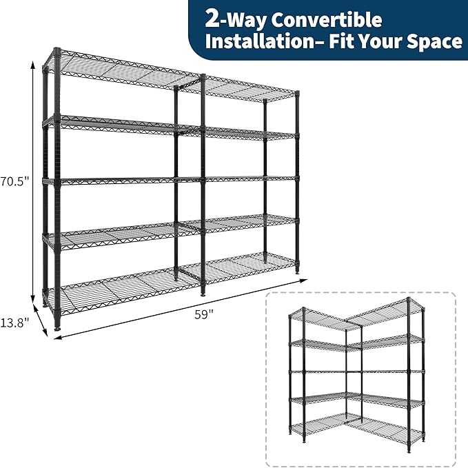 Garvee Storage Shelves 70" H Wire Shelving Rack, 5-Tier Garage Shelving Heavy Duty Metal Storage Shelves for Kitchen Pantry Room, Load 1325 LBS, Adjustable Wire Rack Shelf for Garage Basement