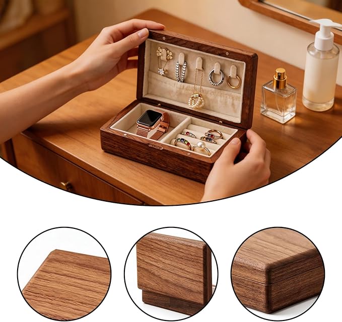 Small Wooden Jewelry Box | Versatile Mens Jewelry Box with Earring & Ring Organizer for Travel & Vanity Display