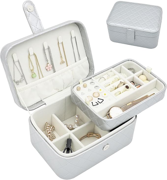 Jewelry Travel Case, 2-Layer Jewelry Box Organizer Medium Jewelry Travel Box, Portable Faux Leather Jewellery Storage Boxes with Argyle for Women, Daily Jewellery Case Home Use (Silver gray)
