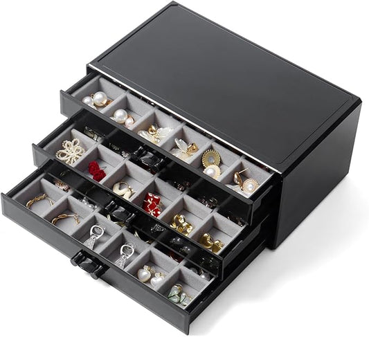 YUFONG Earring Organizer Box Acrylic Jewelry Organizer with 3 Drawers 54 Adjustable Grids Clear Stackable Earring Holder Velvet Trays Ring Display Case for Women Girls (Black Gray)