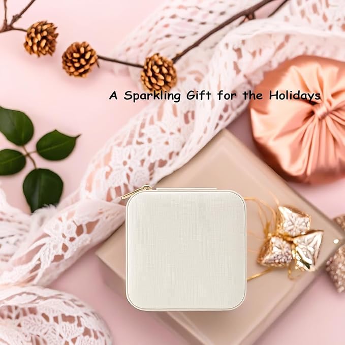 VLANDO Small Travel Jewelry Box Organizer Display Case for Girls Women Gift Rings Earrings Necklaces Storage, Beige