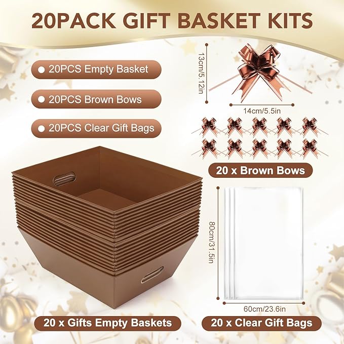 AFOROEOA 20PACK Baskets for Gifts Empty, 12x10x4” Thick Brown Gift Basket with Handles, 20 Bows & 20 Bags - Empty Gift Baskets for Christmas, Thanksgiving, Wedding, Birthday Party, Wrapping Gifts