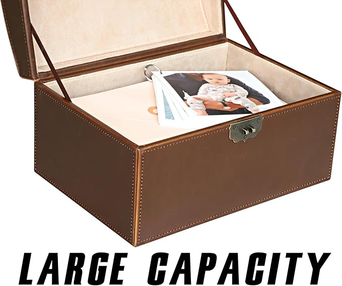 HofferRuffer Faux Leather Decorative Box, Large Wooden Structure Keepsake Box Accessory Organizer Jewelry Organizer with Hinged Lid, Storage Container for Home or Office (Antique Brown)