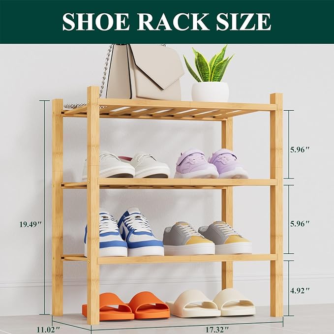 Smiry Shoe Rack, 3 Tier Thick Small Bamboo Shoe Organizer, Stackable Free Standing Wooden Shoe Storage Shelf for Closet, Entryway, Front Door Entrance, Natural