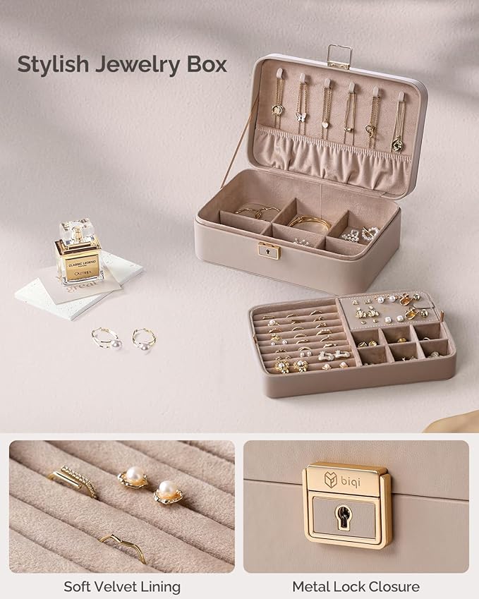 Jewelry Box, 2-Layer Jewelry Holder Organizer with Lock, Removable Jewelry Tray for Earrings Necklaces Bracelets, Light Taupe